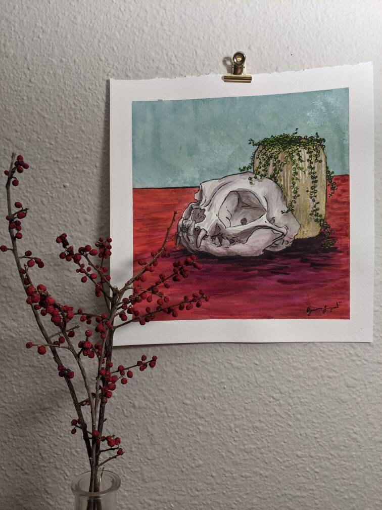 Cat Skull and String of Pearls - Watercolor Painting