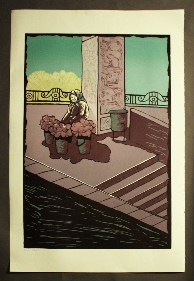 Flower Babushka - Ukrainian Flower Seller Reductive Linocut Relief Print Small Limited Edition