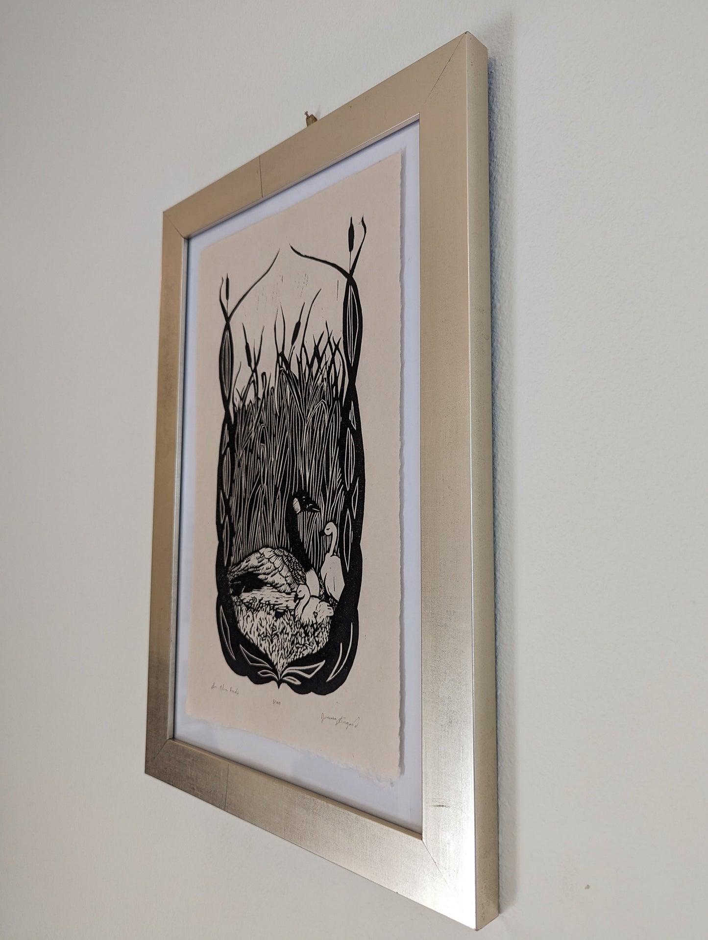 In The Reeds at Dusk - Canadian Geese Mother and Goslings Art Nouveau Style Hand Printed Relief Print