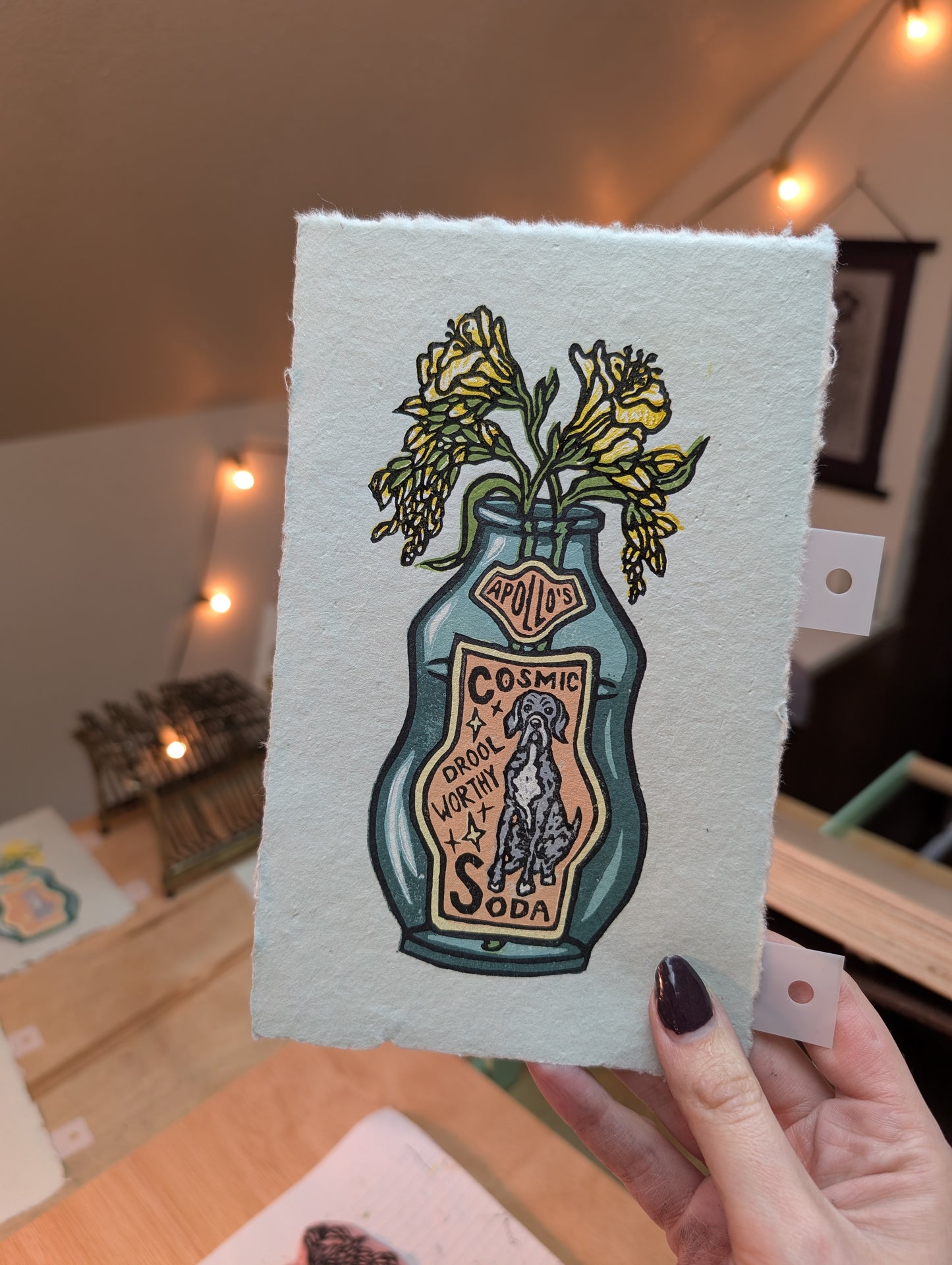 Apollo's Cosmic Soda - Relief Print, coloring Pages, Note Cards, and Stickers