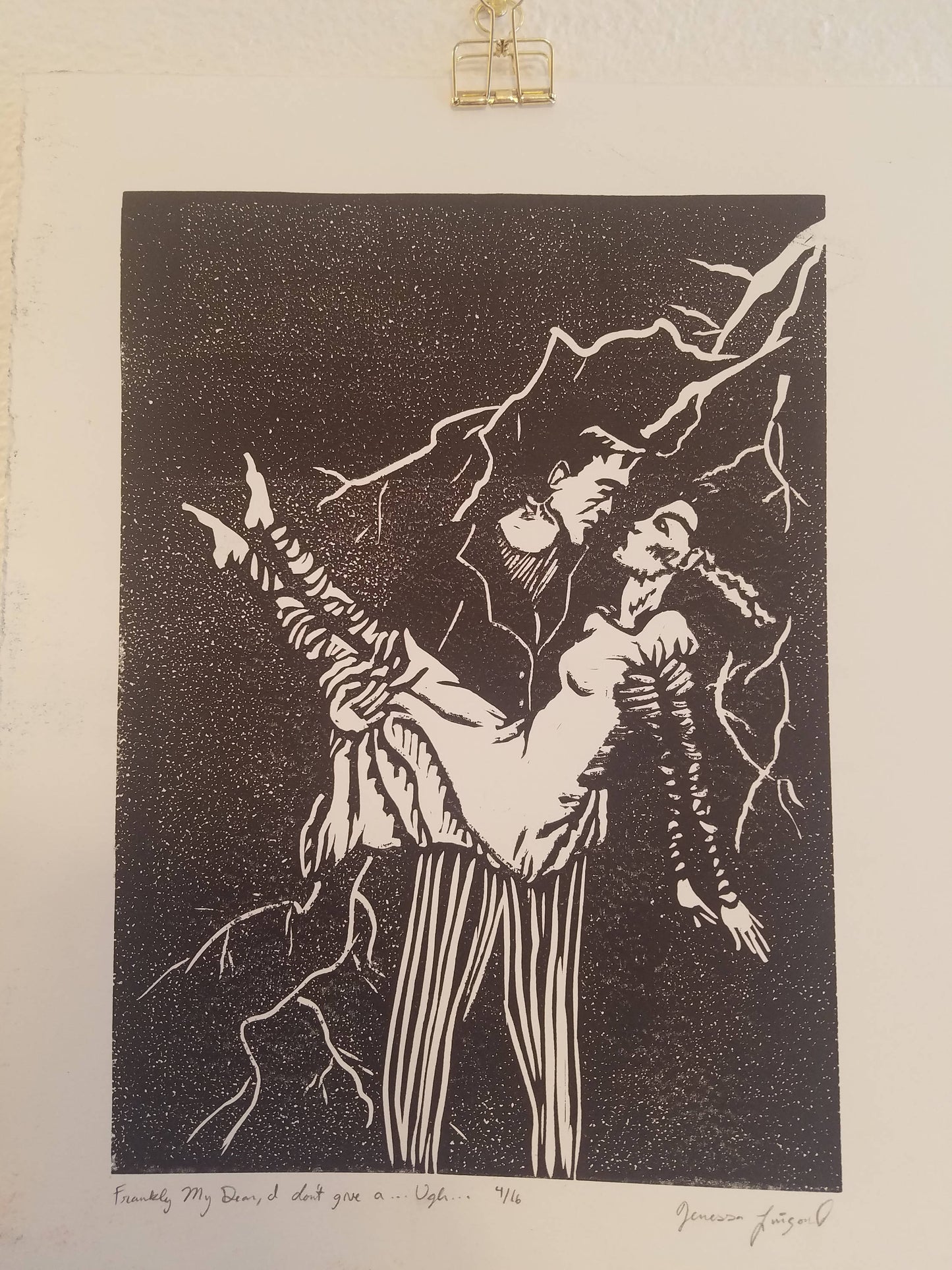 Frankly My Dear, I Don't Give a...Ugh - Frankenstein's Monster and his Bride Hand-Printed Relief Print