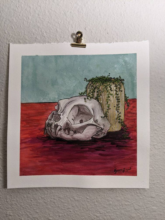 Cat Skull and String of Pearls - Watercolor Painting