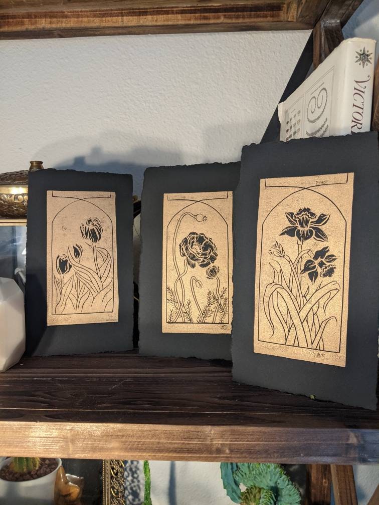 Spring Trio - Art Nouveau Style Hand Printed Relief Print