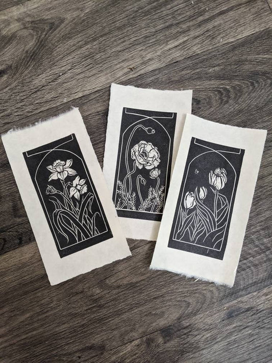 Spring Trio - Art Nouveau Style Hand Printed Relief Print