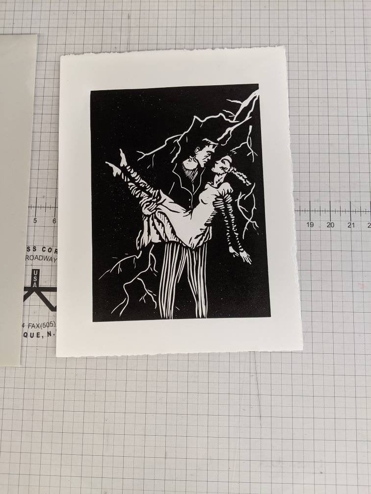 Frankly My Dear, I Don't Give a...Ugh - Frankenstein's Monster and his Bride Hand-Printed Relief Print