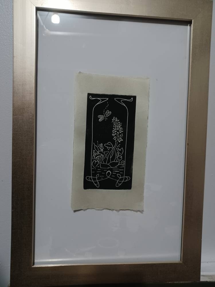 Water Hyacinth and Dragonfly - Art Nouveau Hand Printed Relief Print