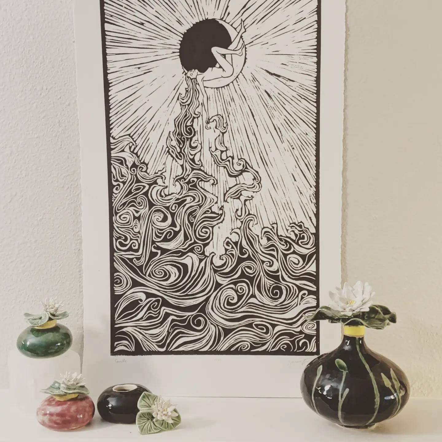 Camille - Hand Printed Moon Goddess Relief Print