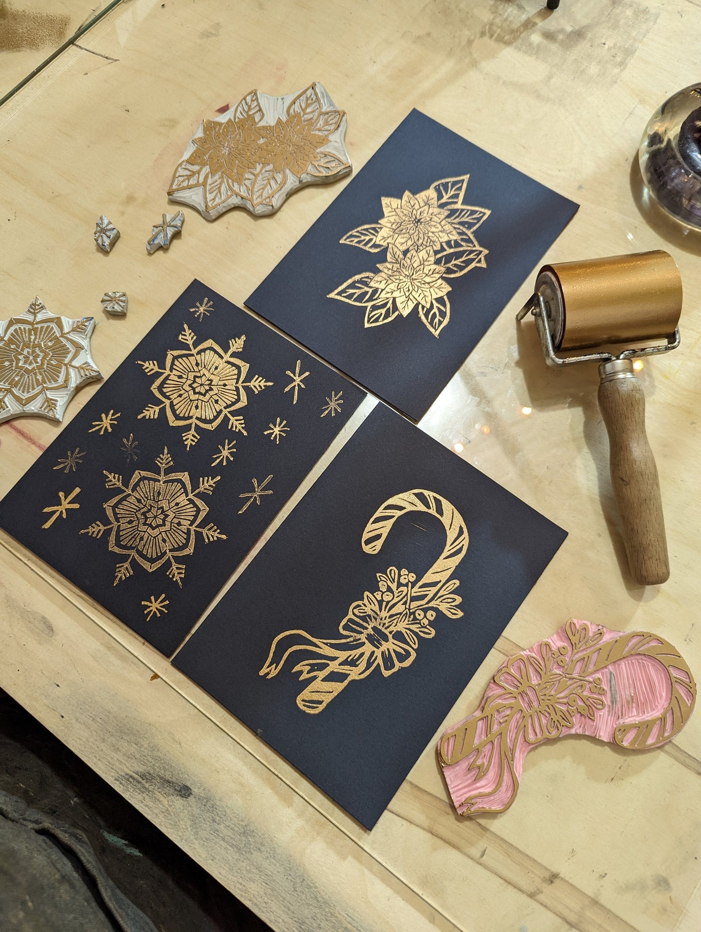 Holiday Cards - Hand-printed Relief carving Holiday themed cards