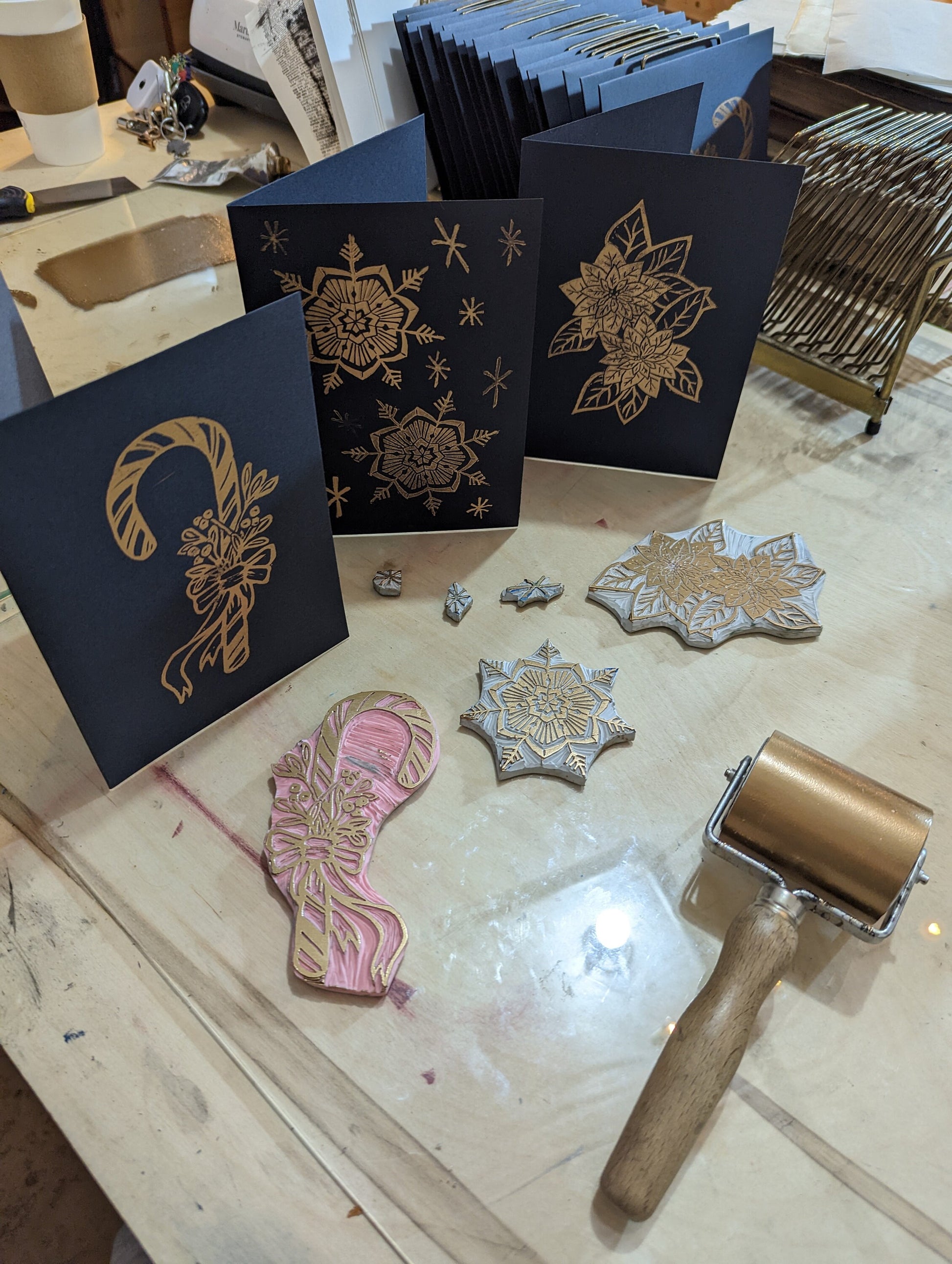 Holiday Cards - Hand-printed Relief carving Holiday themed cards