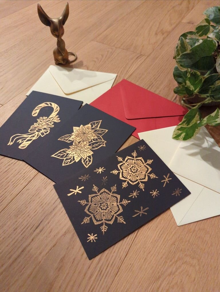 Holiday Cards - Hand-printed Relief carving Holiday themed cards