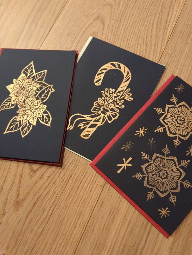 Holiday Cards - Hand-printed Relief carving Holiday themed cards