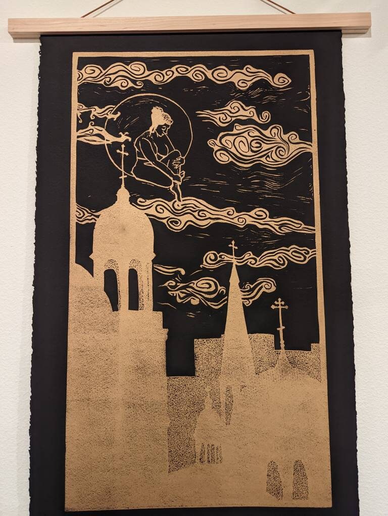 Golden Katie - Eclipse Moon Goddess Special Edition Gold Ink on Black Paper Relief Print