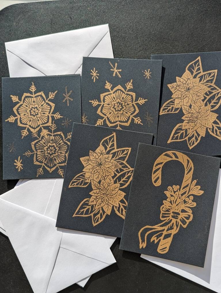 Holiday Cards - Hand-printed Relief carving Holiday themed cards