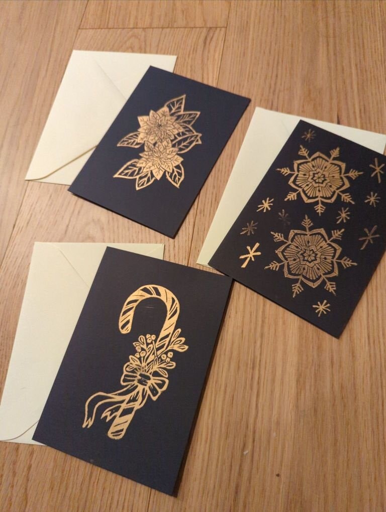 Holiday Cards - Hand-printed Relief carving Holiday themed cards