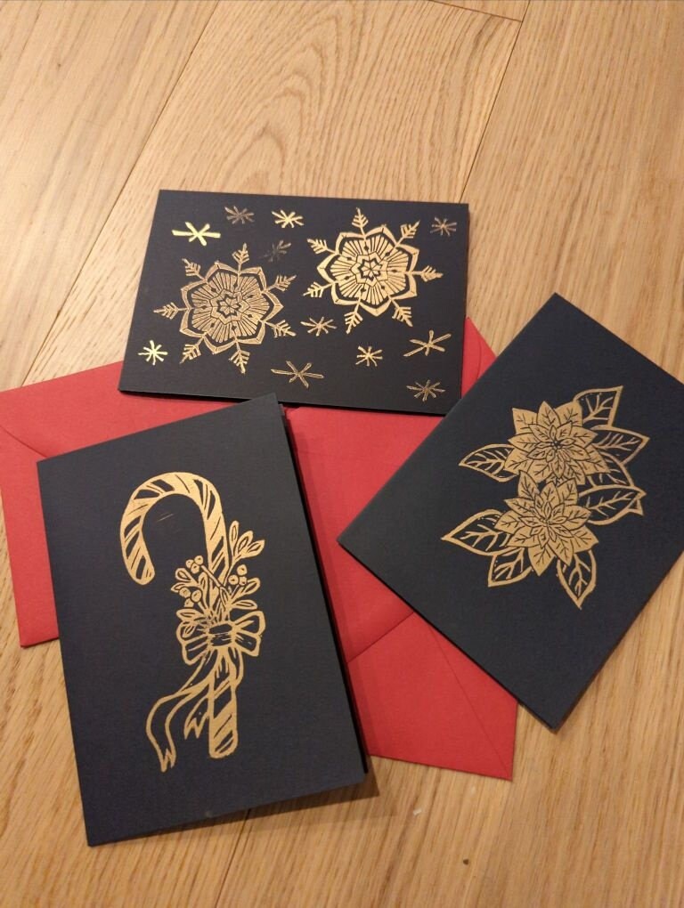 Holiday Cards - Hand-printed Relief carving Holiday themed cards