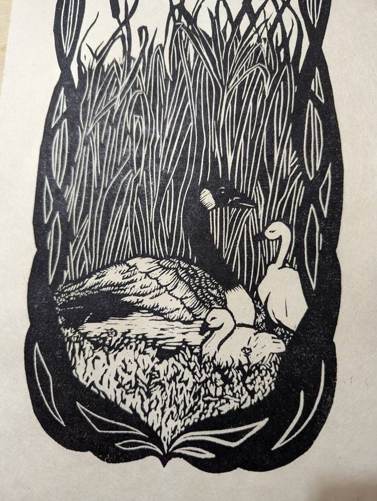 In The Reeds at Dusk - Canadian Geese Mother and Goslings Art Nouveau Style Hand Printed Relief Print