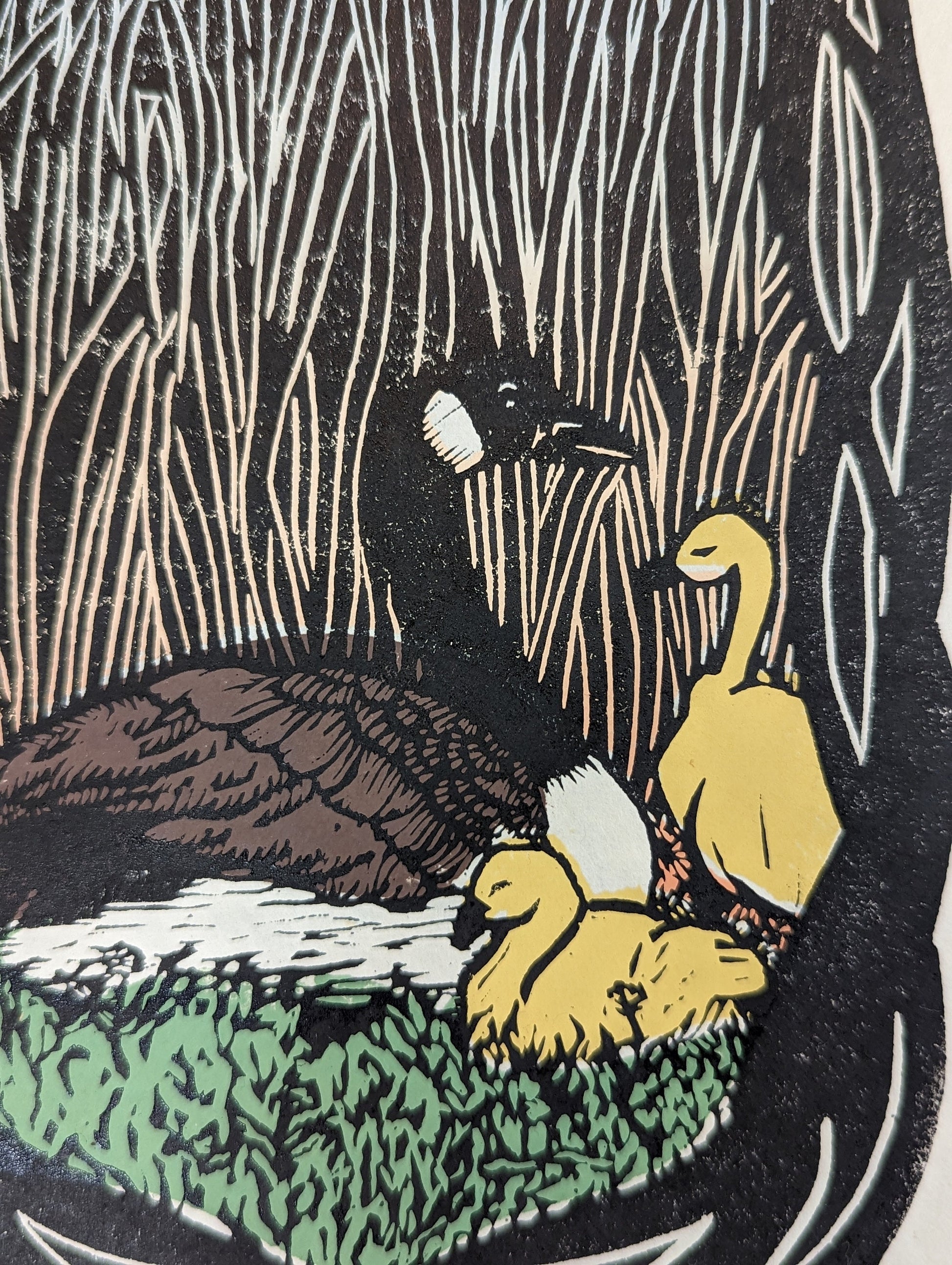 In The Reeds at Dusk - Canadian Geese Mother and Goslings Art Nouveau Style Hand Printed Relief Print