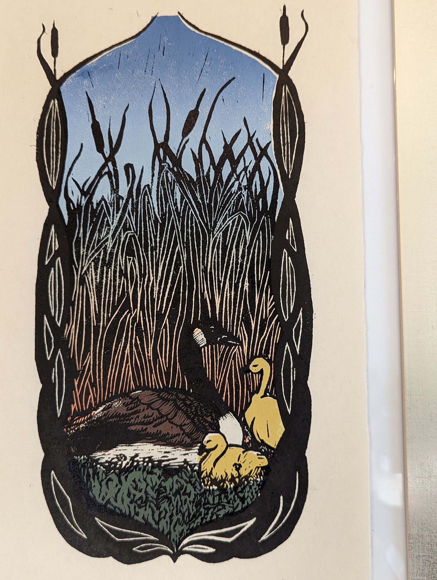 In The Reeds at Dusk - Canadian Geese Mother and Goslings Art Nouveau Style Hand Printed Relief Print