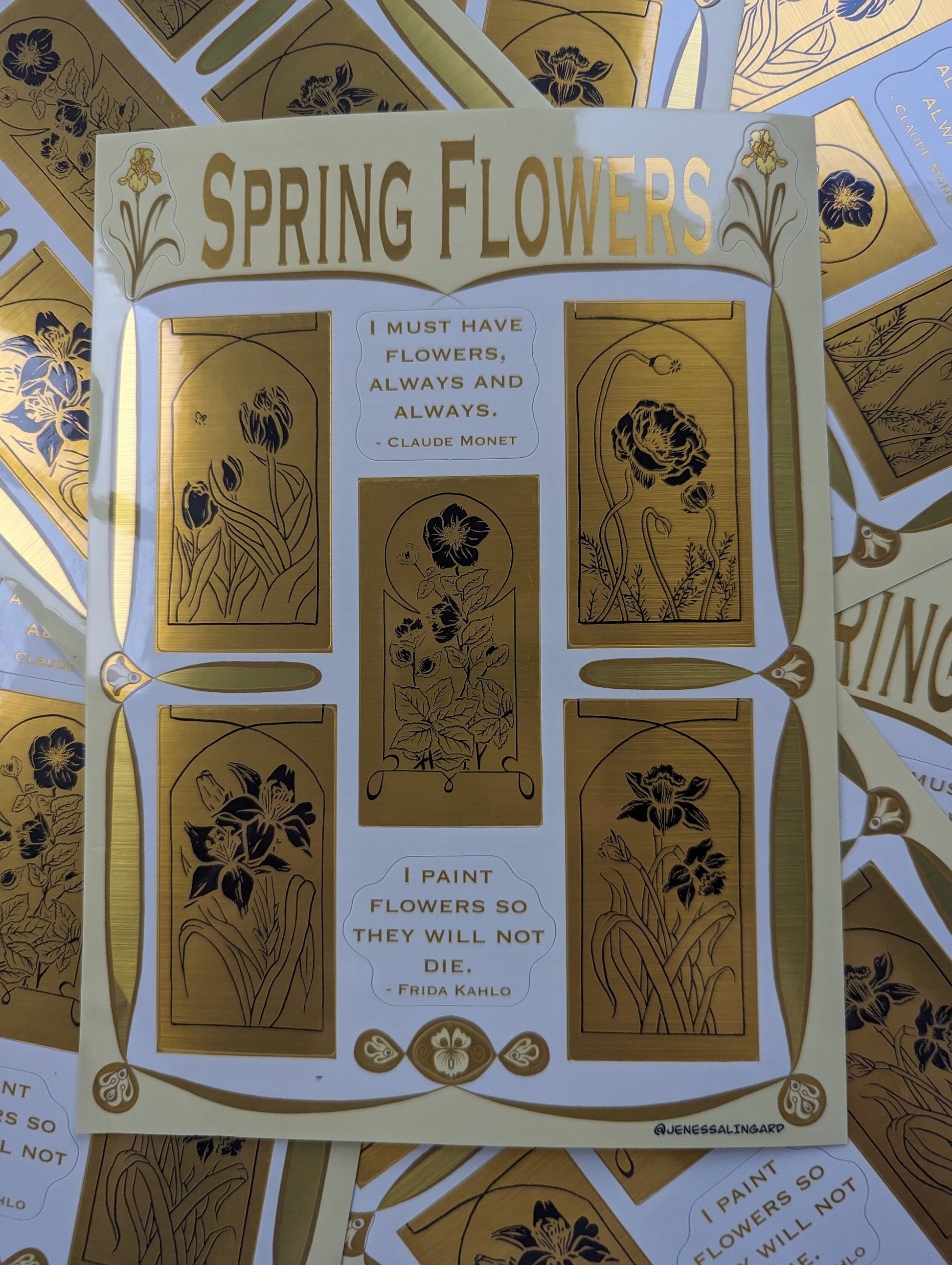 Spring Flowers Sticker Sheet in Gold Waterproof Vinyl Stickers