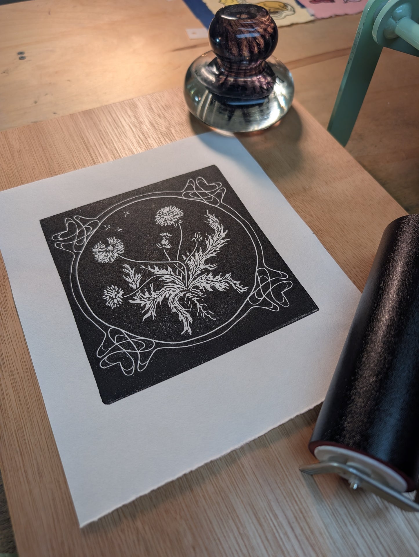 Dandelion - Art Nouveau style Relief print on textured Paper