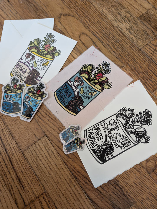 Oliver and Ralph's PawPaws - Relief Print, coloring Pages, Note Cards, and Stickers