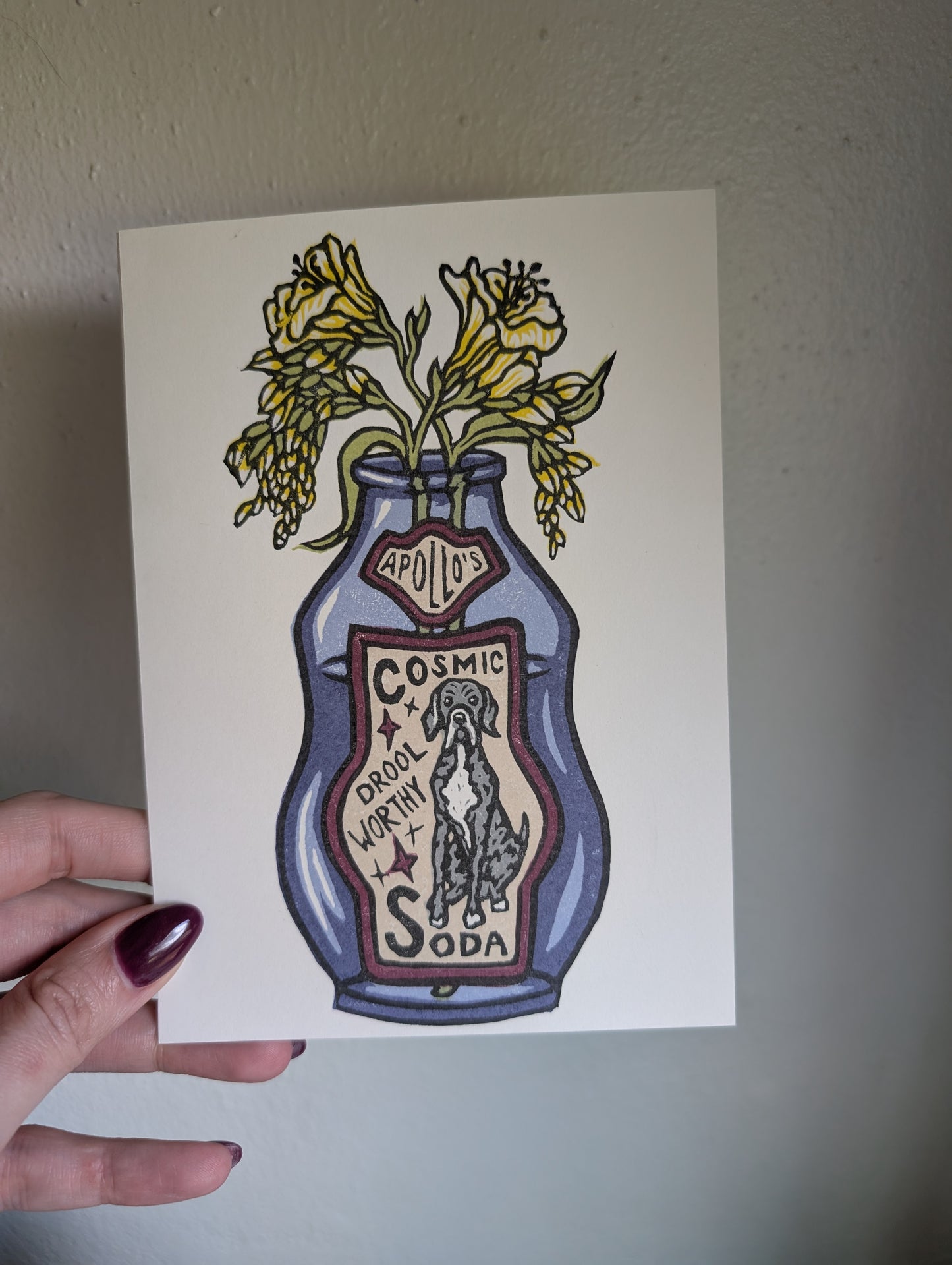 Apollo's Cosmic Soda - Relief Print, coloring Pages, Note Cards, and Stickers