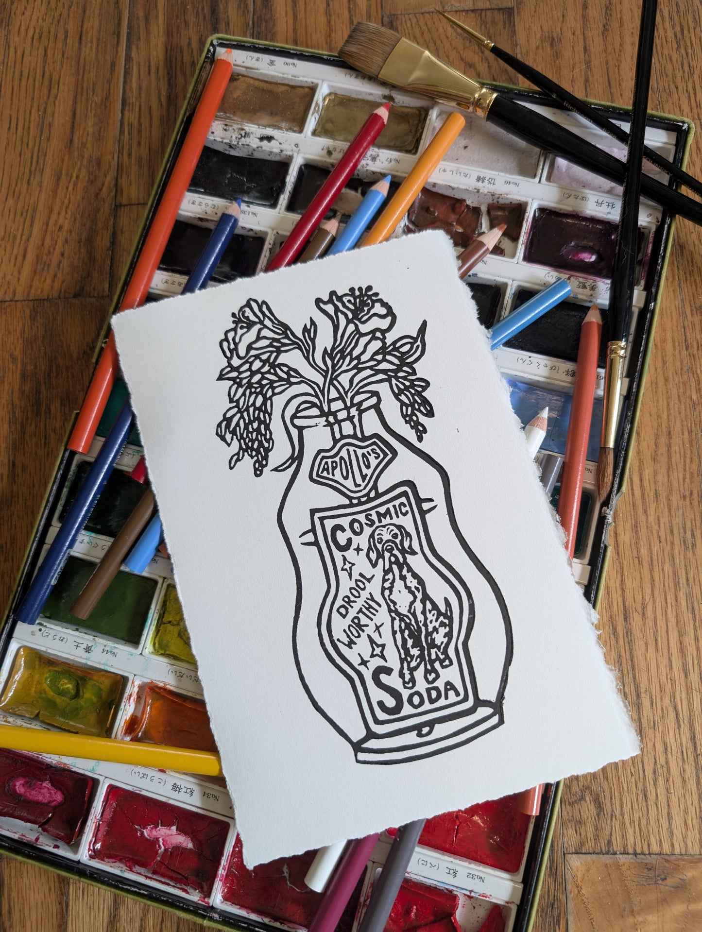 Apollo's Cosmic Soda - Relief Print, coloring Pages, Note Cards, and Stickers