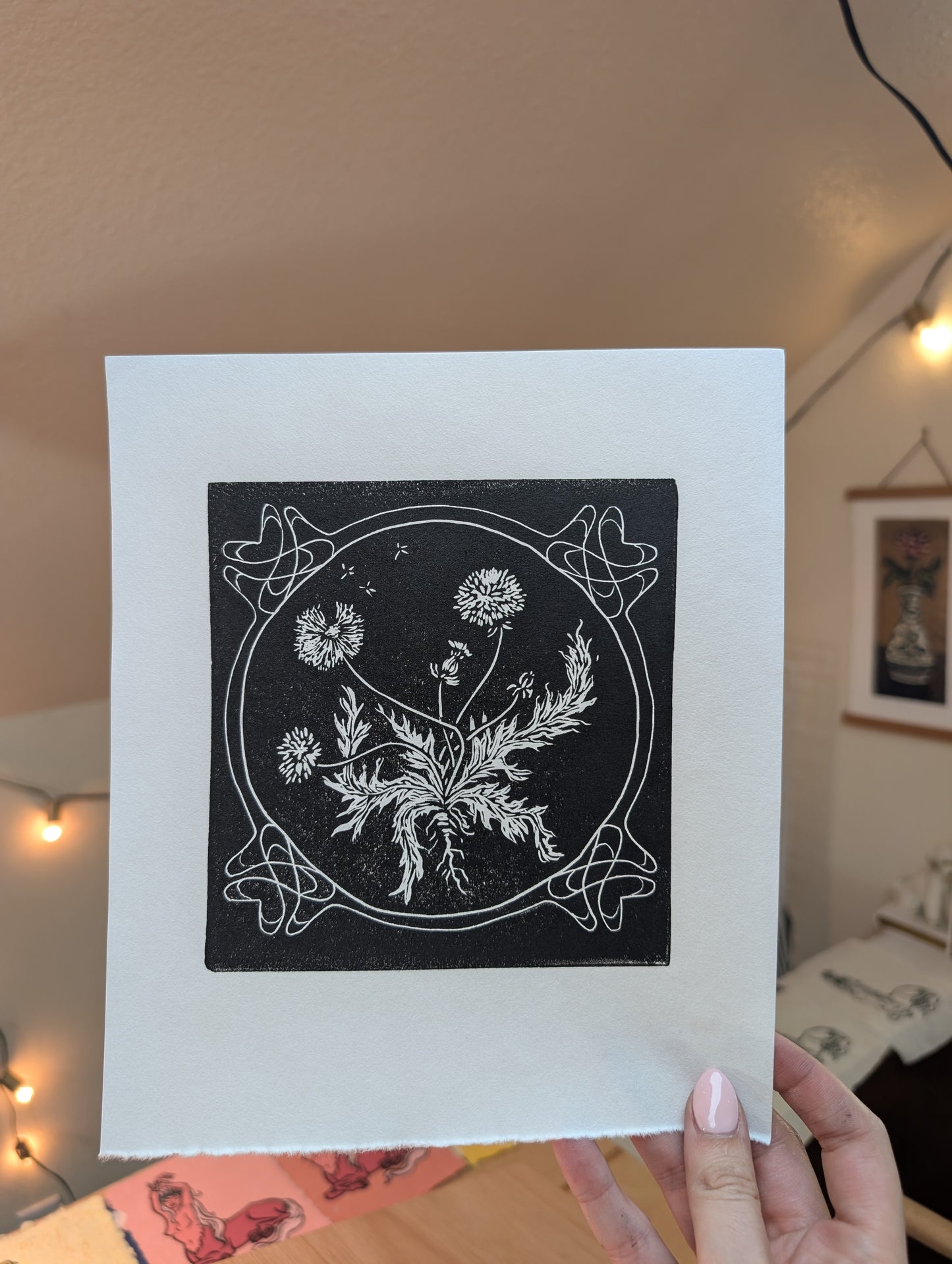 Dandelion - Art Nouveau style Relief print on textured Paper