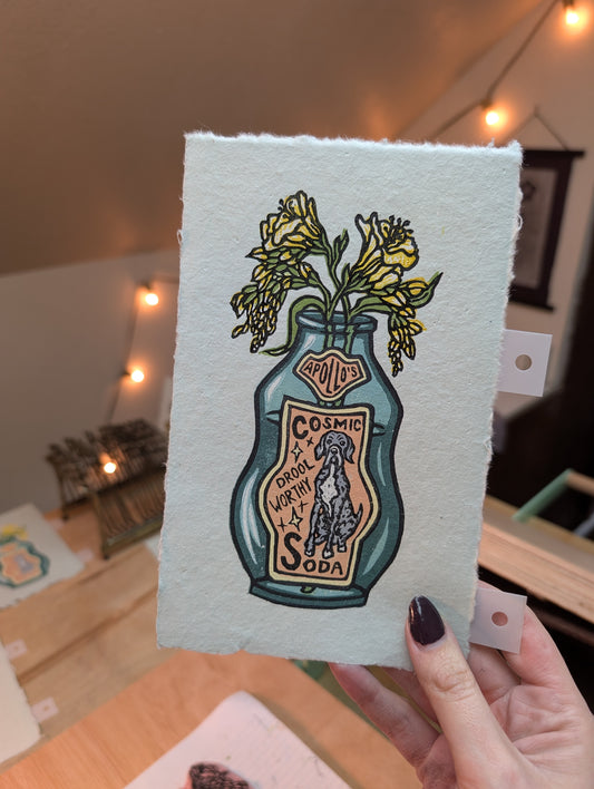 Apollo's Cosmic Soda - Relief Print, coloring Pages, Note Cards, and Stickers